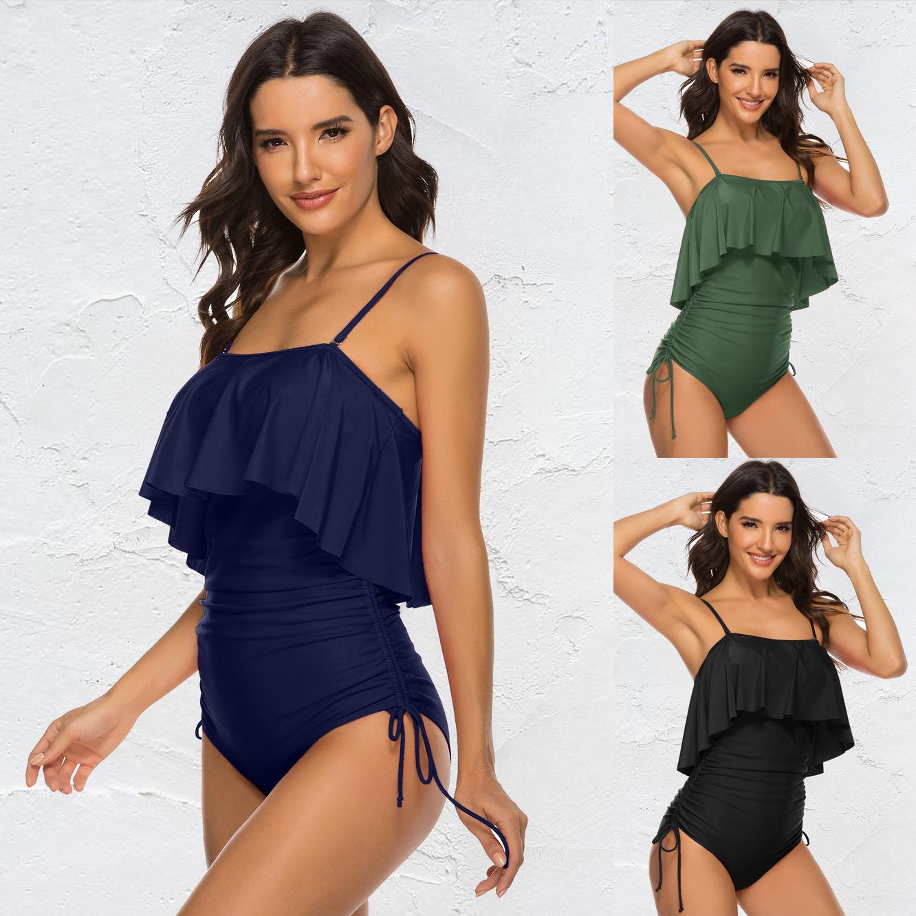 Pure color girl sexy shoulder strap large ruffle one-piece