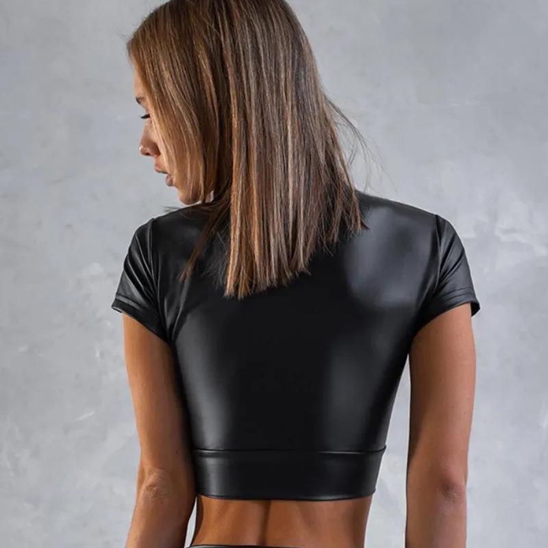 Womens tight T-shirt shiny patent leather cross crop top