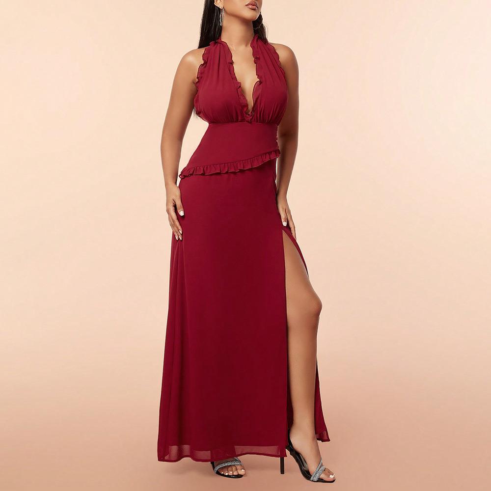 Dress Long Slit High Backless Long Sleeveless Neck Halter