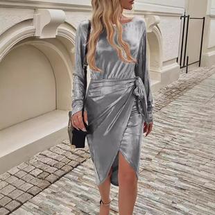 Temperament Velvet Evening Long Dress Skirt Party Sleeve