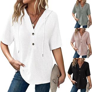 Button Top Lightweight Shirt Drawstring Down Neck Hoodie