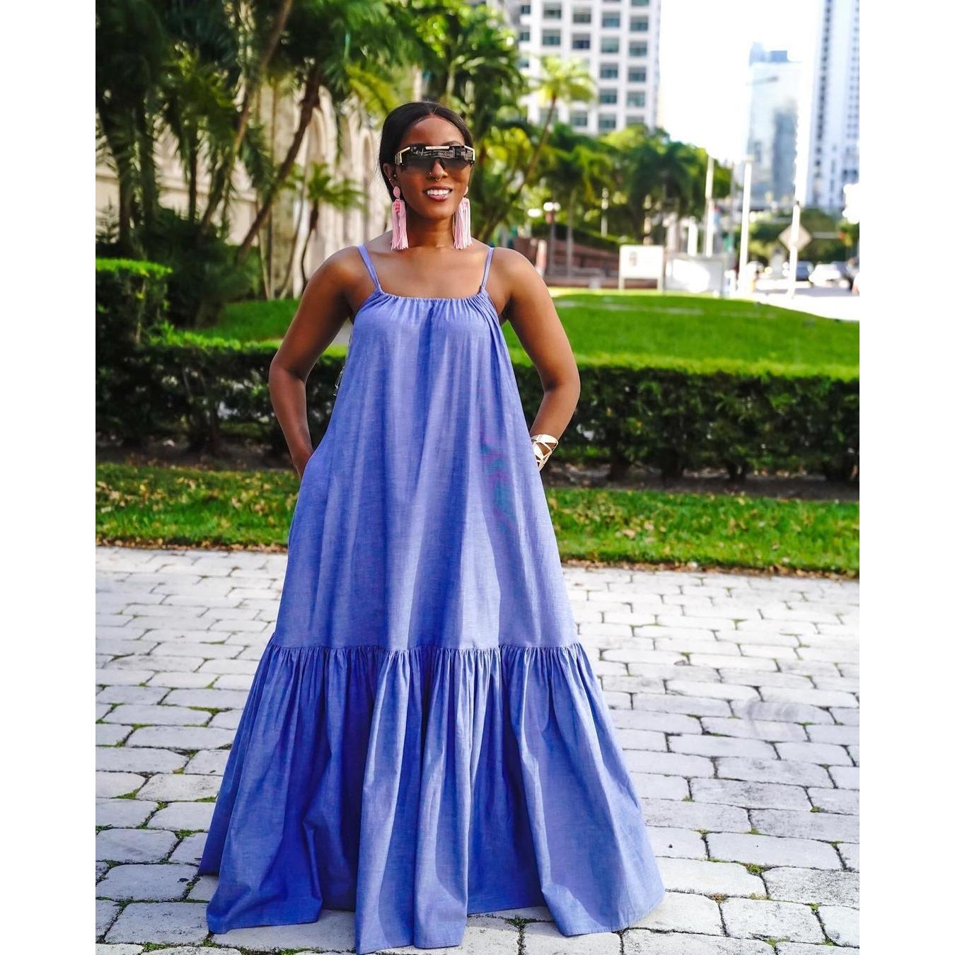 Long skirt blue suspenders temperament loose suit waist