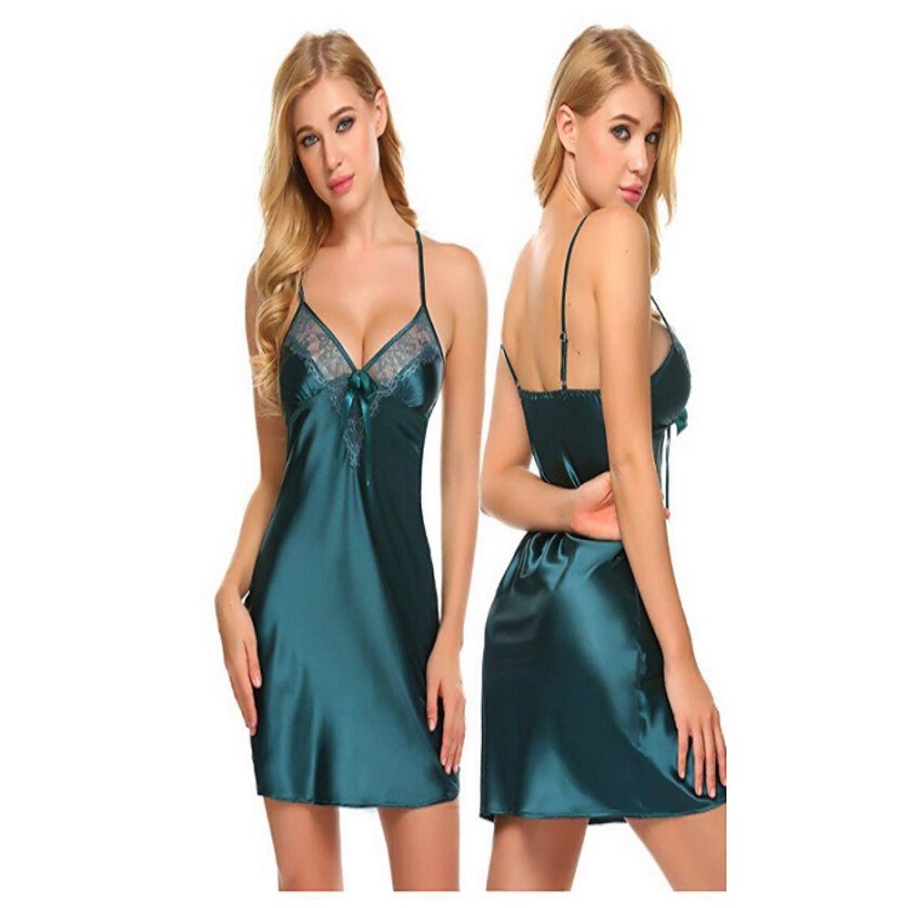 Suspender simulated silk lace edge sexy nightdress midnight