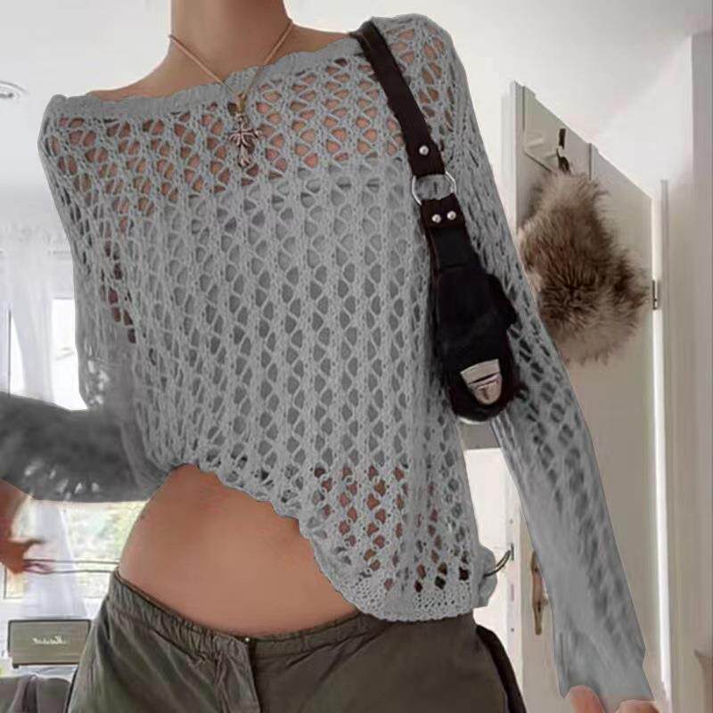 top long-sleeved mesh transparent and loose color solid