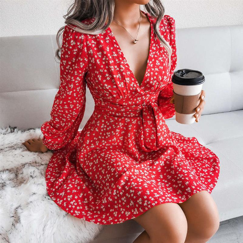 Sexy long sleeve floral chiffon dress for