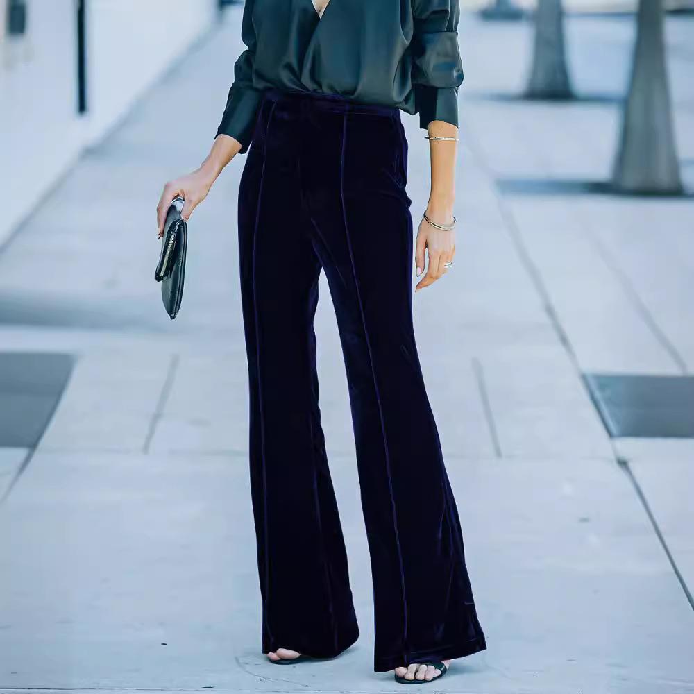 Womens gold velvet high waist pants collage micro flared