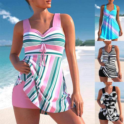 Striped two-piece swimsuit for women plus size skirt bikini