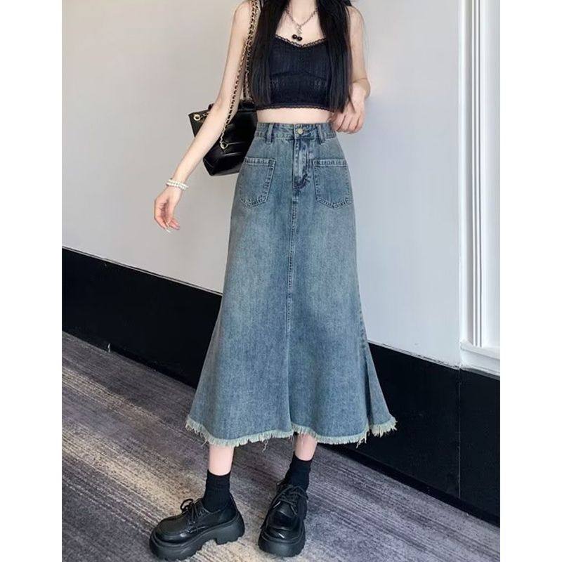 春夏新款复古牛仔半身裙女高腰显瘦遮肚毛边中长款a字鱼尾裙子潮,女装/女士精品,牛仔裤,淘宝优惠券,粉丝福利购,淘宝优惠卷