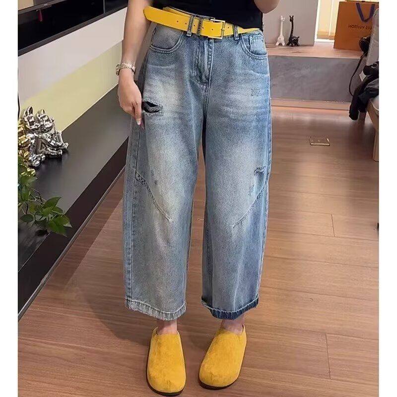 大码破洞牛仔裤女春夏新款胖mm高腰显瘦宽松百搭遮肉阔腿九分裤子