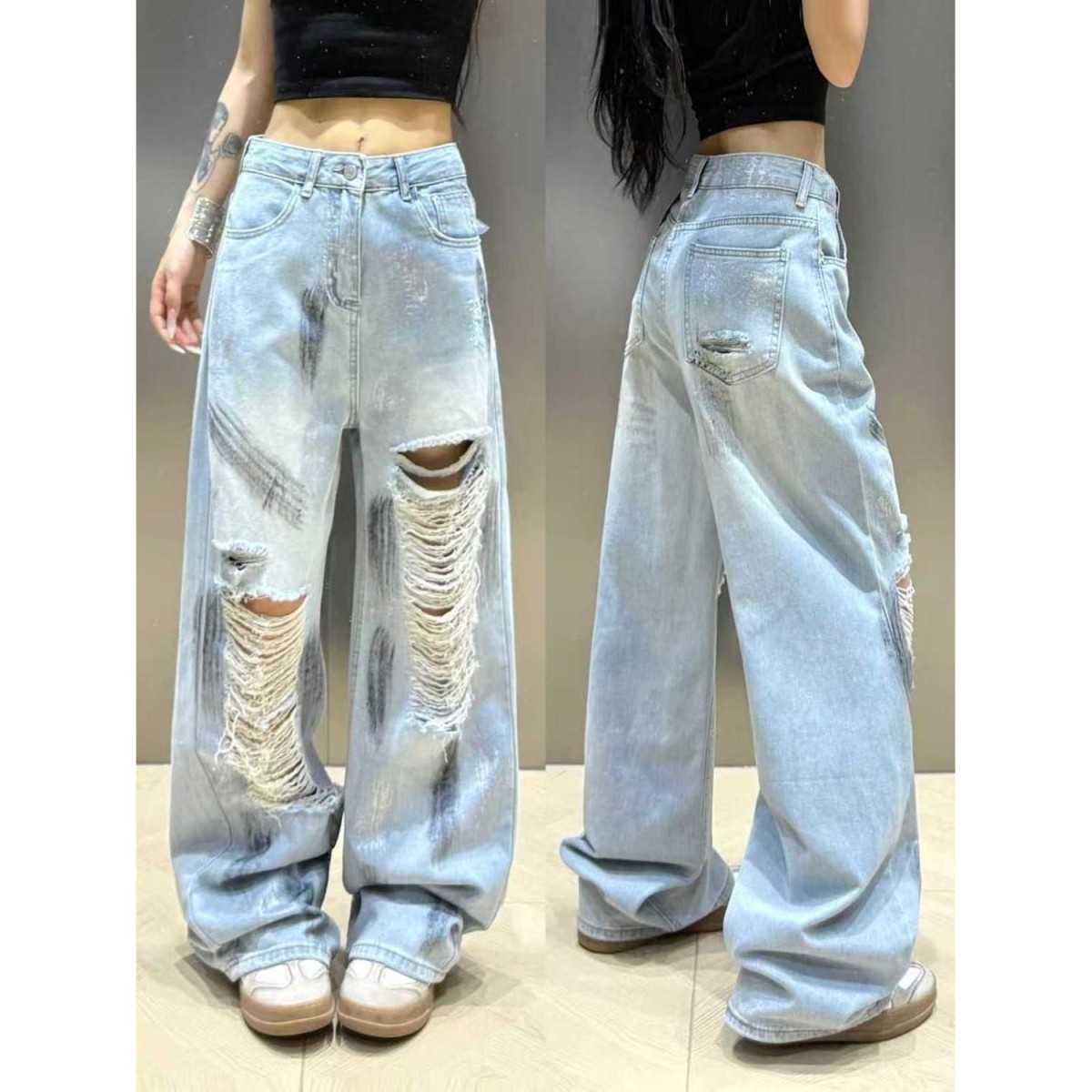 浅色水洗抓纹破洞牛仔裤女2025秋季新款设计感猫须阔腿裤拖地裤子,女装/女士精品,牛仔裤,淘宝优惠券,粉丝福利购,淘宝优惠卷