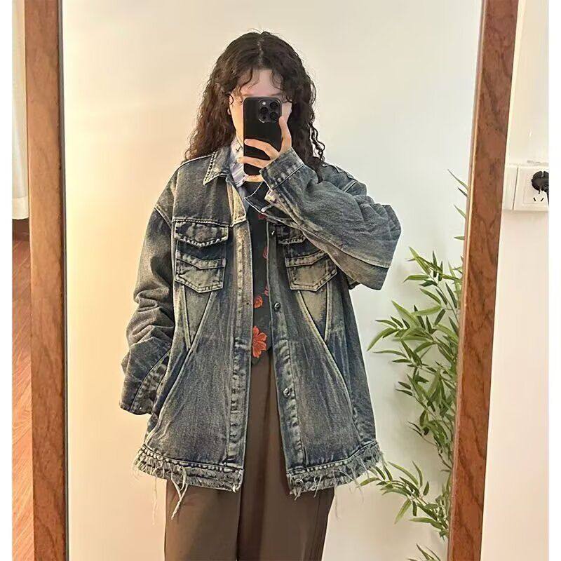 复古风毛边水洗牛仔外套男新款2024春秋宽松做旧工装翻领夹克,女装/女士精品,常规大码外套,淘宝优惠券,粉丝福利购,淘宝优惠卷