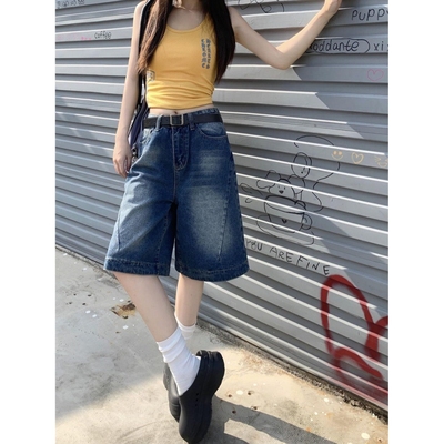 复古水洗做旧直筒牛仔短裤女薄款夏季2025新款美式五分裤宽松中裤
