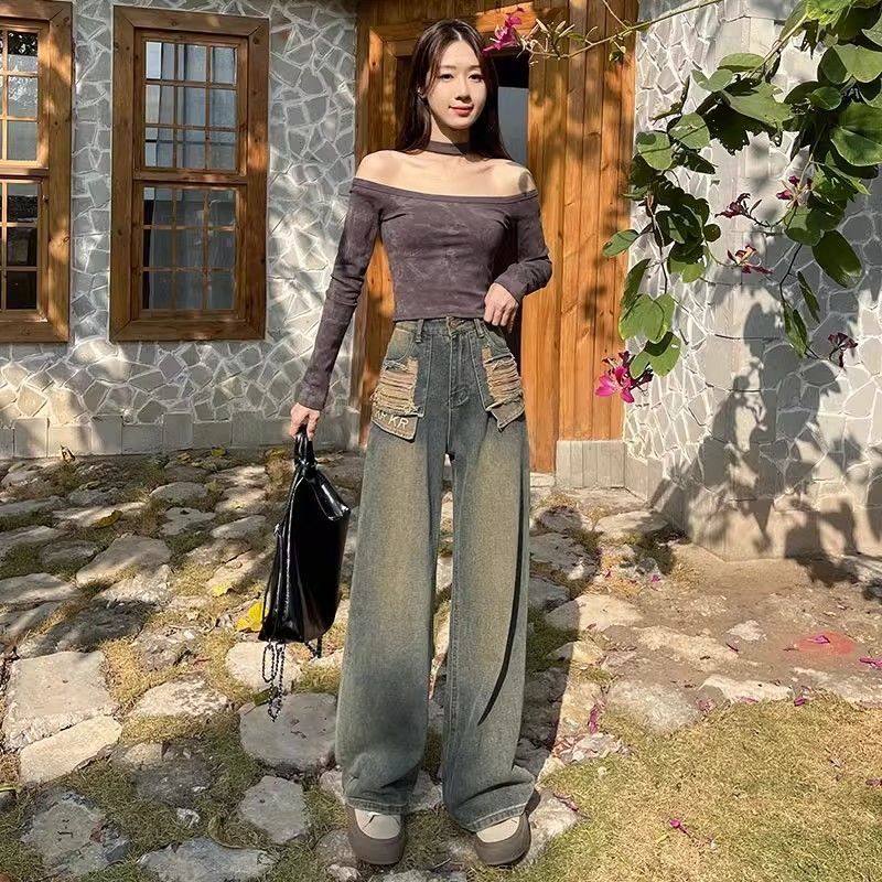 怀旧大口袋阔腿高腰牛仔裤女宽松显瘦遮胯垂感百搭直筒拖地裤子夏,女装/女士精品,牛仔裤,淘宝优惠券,粉丝福利购,淘宝优惠卷