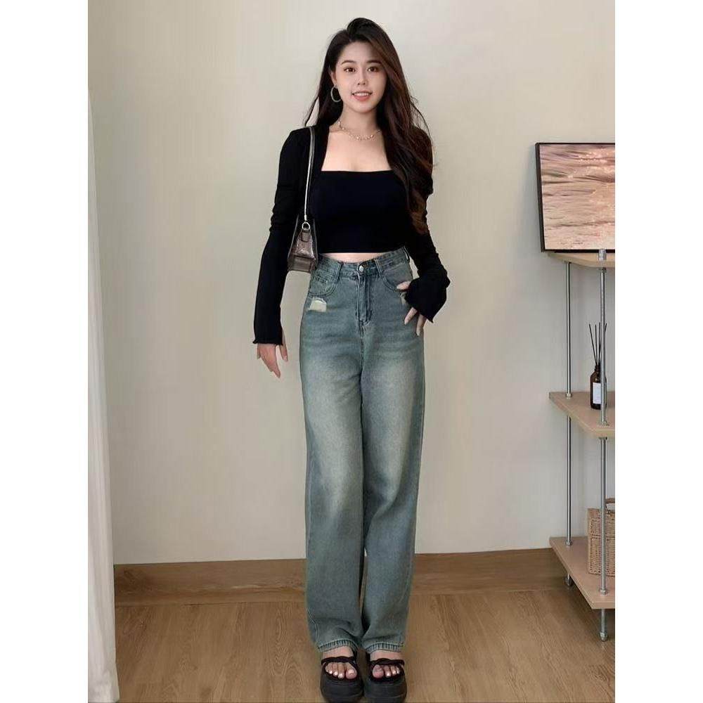 复古破洞牛仔裤女2025年秋季新款高腰显瘦设计感破洞直筒宽松阔腿,女装/女士精品,牛仔裤,淘宝优惠券,粉丝福利购,淘宝优惠卷