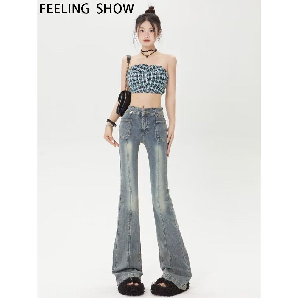 做旧复古牛仔裤女秋季2025新款设计感小众修身高腰微喇叭裤子长裤