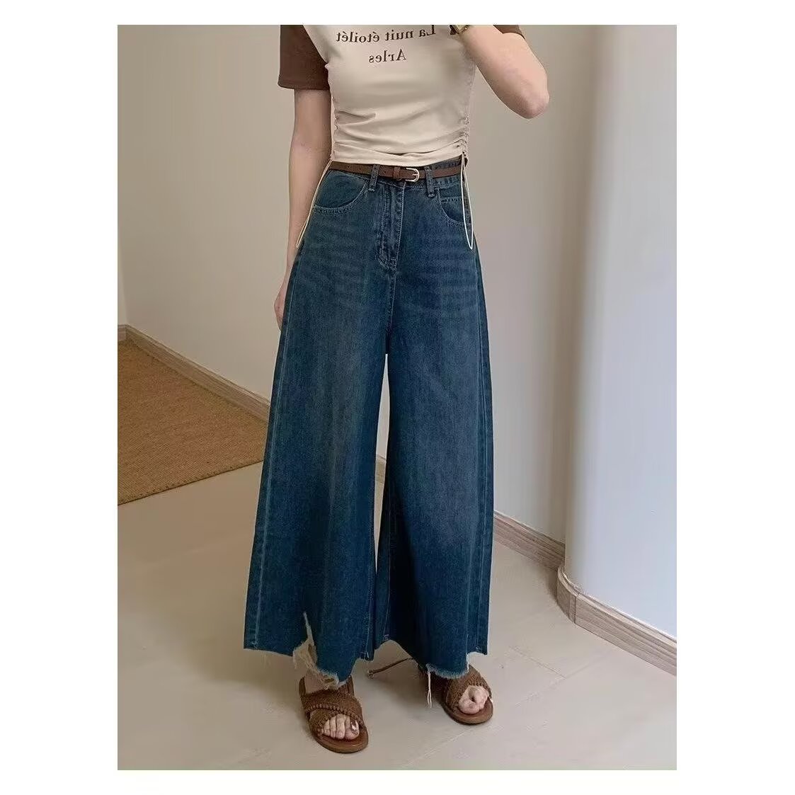 复古超阔腿牛仔裤裙女2025春秋新款高腰遮肉显瘦设计感大喇叭裤子