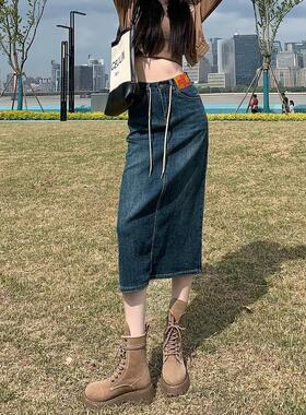 ng桃喜蓝色后开叉长款牛仔半身裙女秋高腰绑带设计感直筒长裙