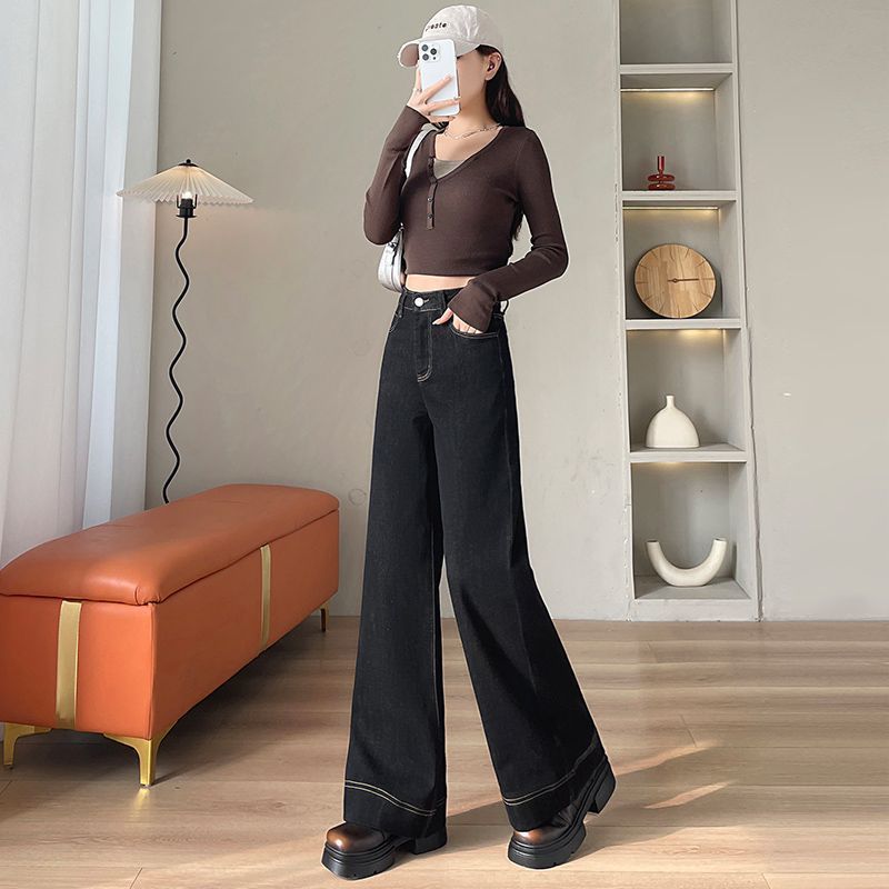 黑色加绒牛仔裤女阔腿2025新款秋冬高腰宽松显瘦胖mm百搭直筒裤子