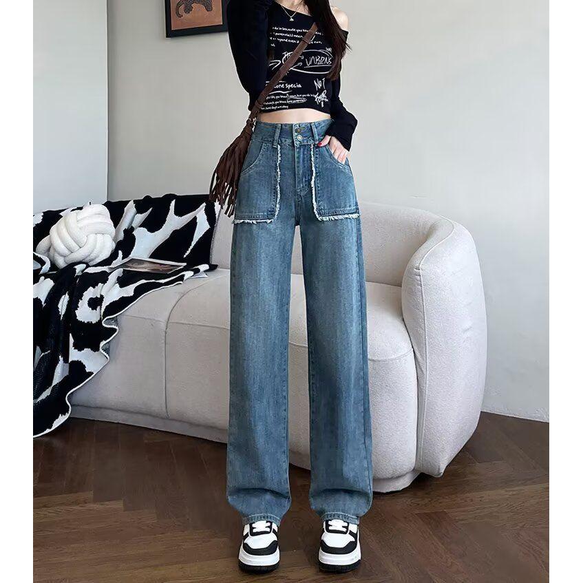 直筒牛仔裤女春秋2025年新款大码胖mm高腰宽松显瘦窄版复古阔腿裤