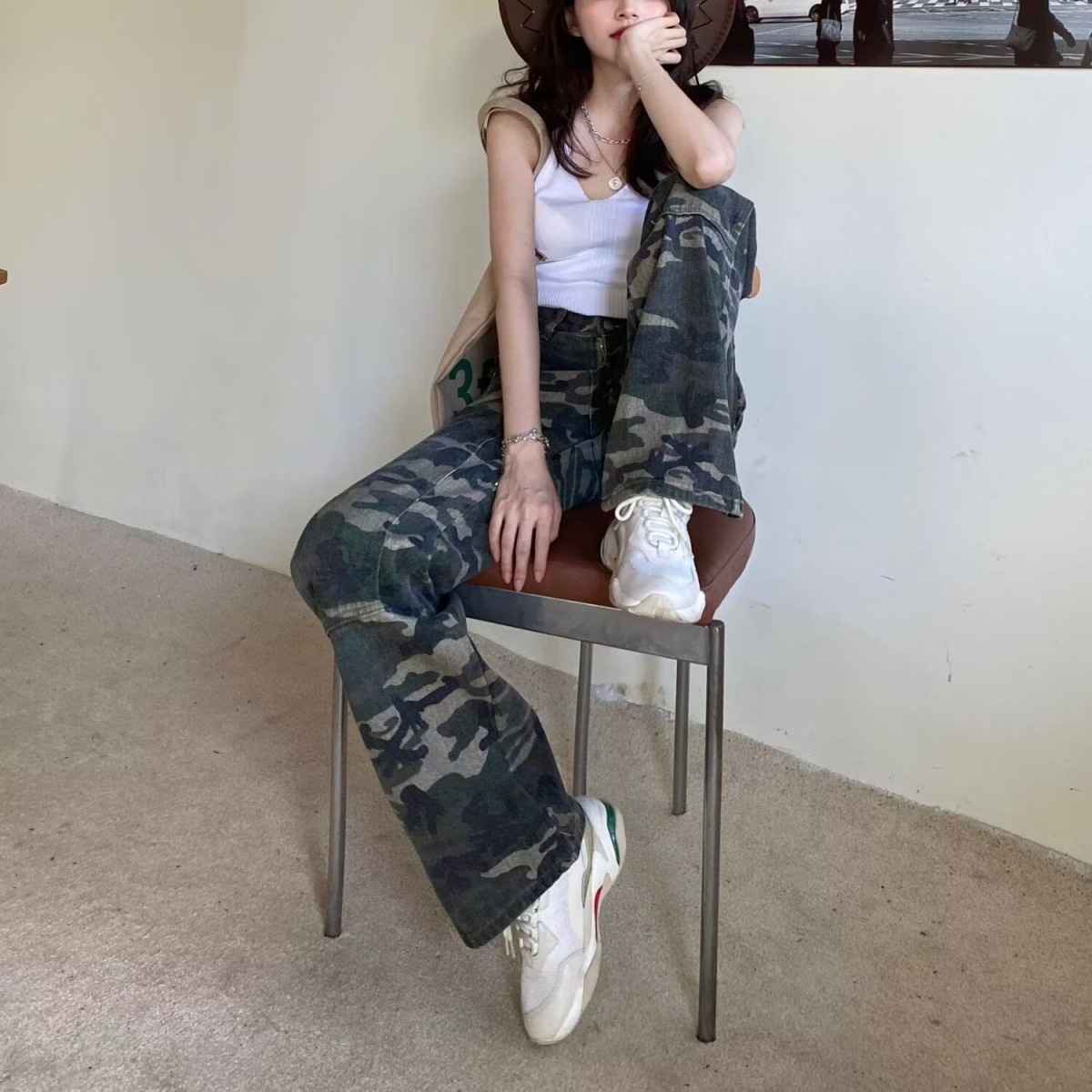 美式复古高街迷彩工装裤男女街头褶皱多口袋宽松百搭直筒阔腿裤子