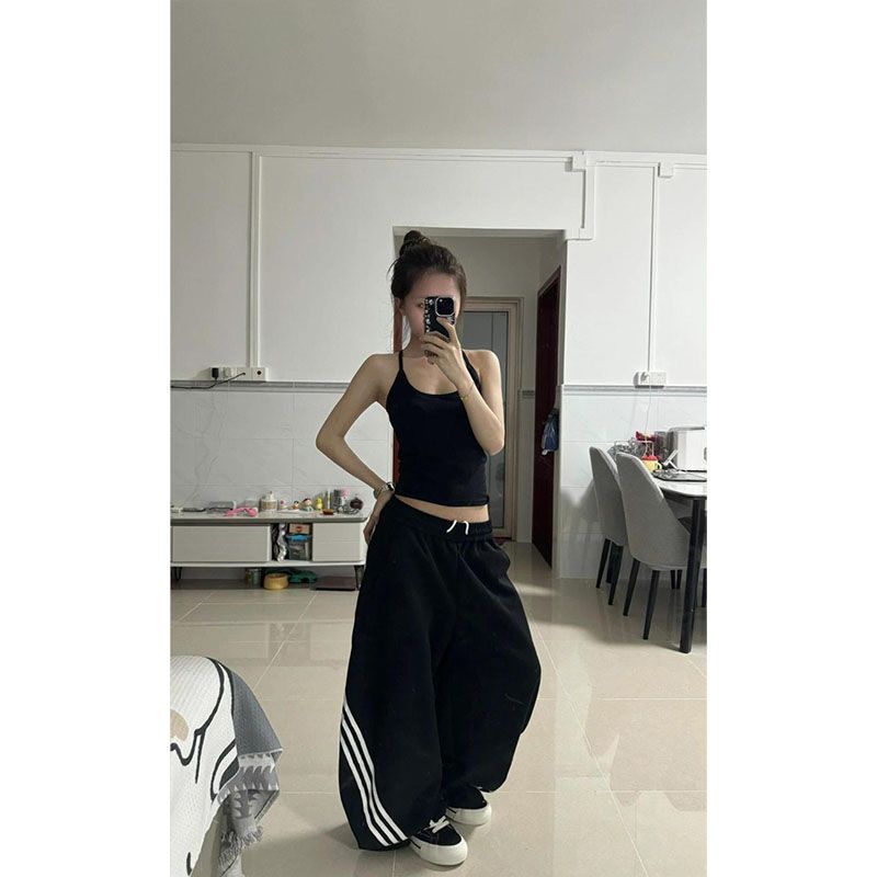 美式条纹拼接宽松阔腿弯刀裤女2025秋季新款高腰显瘦百搭运动休闲