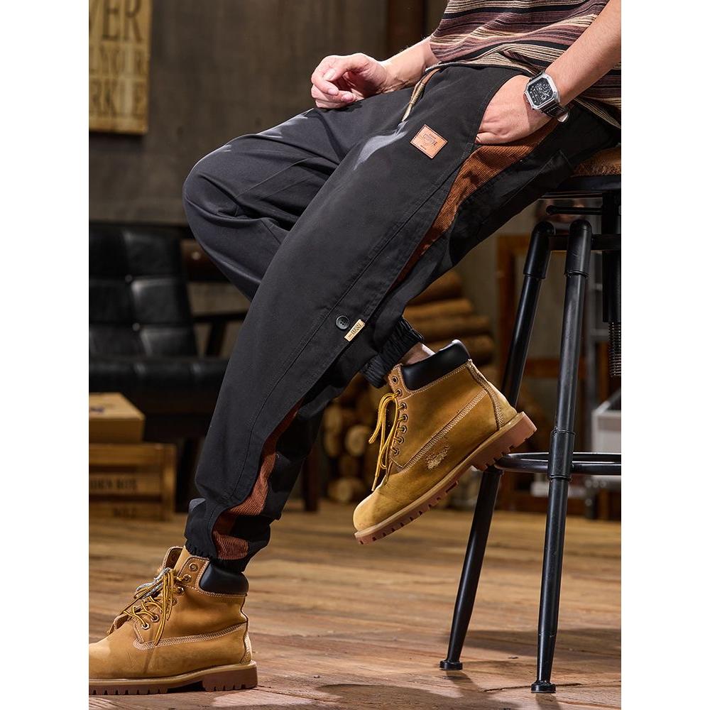 美式工装休闲裤男士2025年秋冬季新款潮牌拼接撞色宽松哈伦弹力束