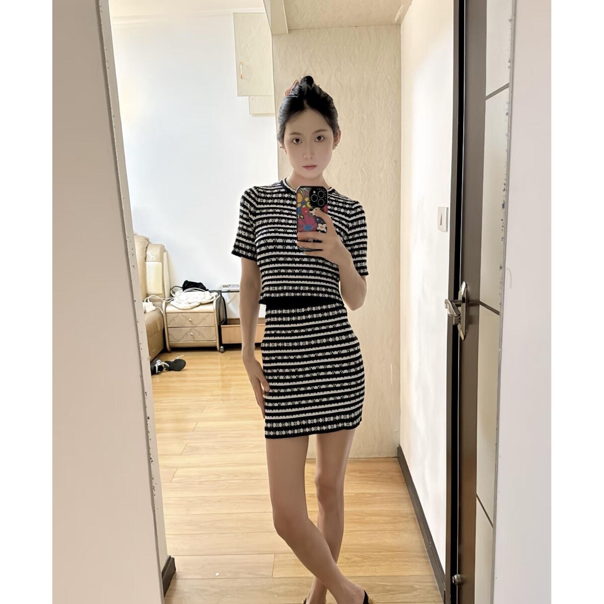 两件套ins甜辣修身显瘦条纹拼色针织衫高腰包臀短裙套装女