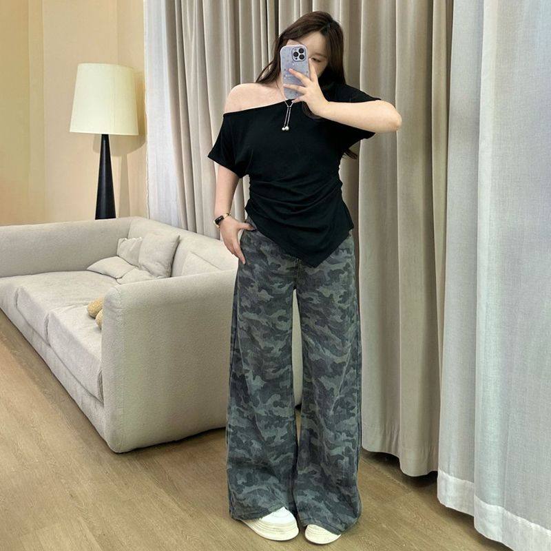 美式高街工装阔腿迷彩牛仔裤女秋季复古高腰宽松显瘦直筒休闲裤子,女装/女士精品,牛仔裤,淘宝优惠券,粉丝福利购,淘宝优惠卷