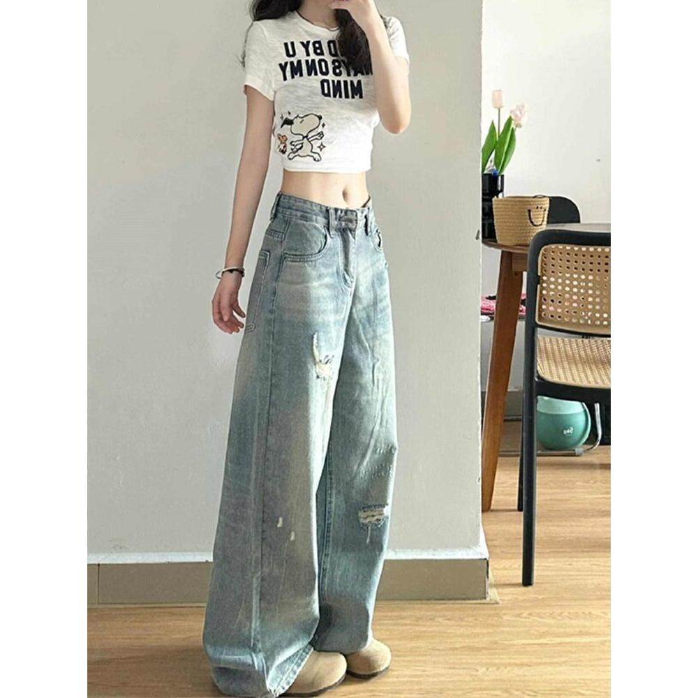 复古港风破洞阔腿牛仔裤女2025秋季新款设计感宽松直筒拖地裤子,女装/女士精品,牛仔裤,淘宝优惠券,粉丝福利购,淘宝优惠卷