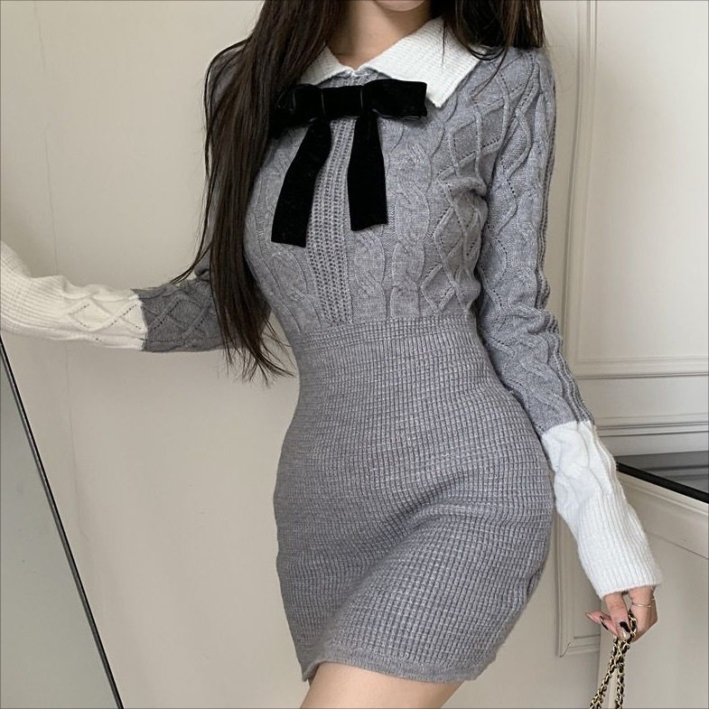 学院风连衣裙女2022新款韩版秋冬裙子内搭长袖针织裙包臀短裙