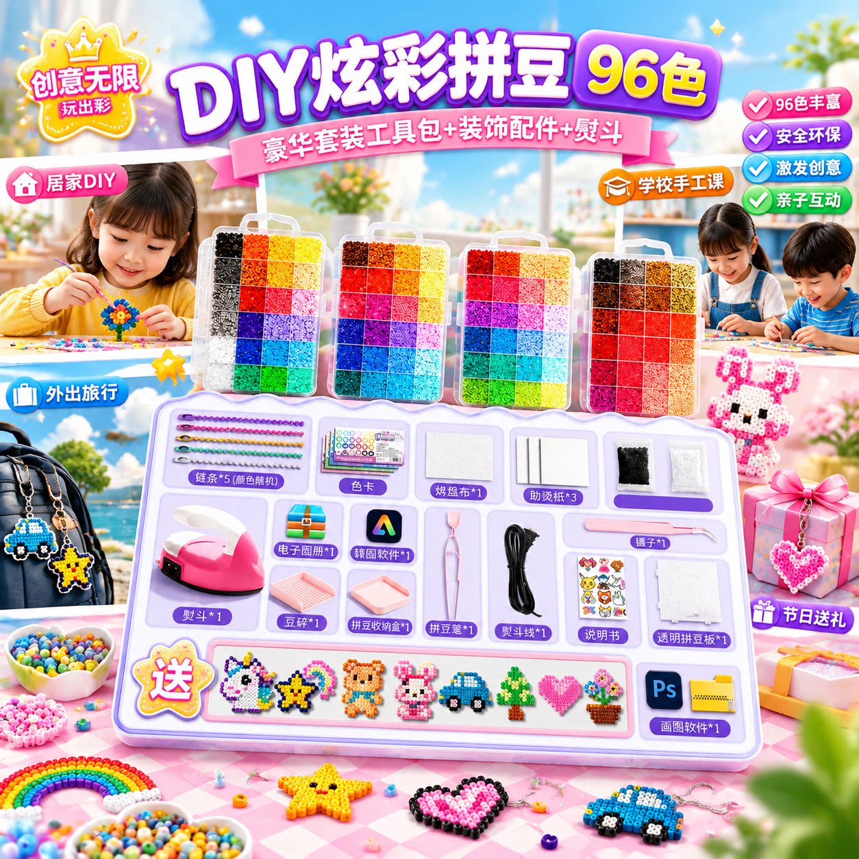 拼拼豆豆手工diy套装3d立体拼豆男女可爱礼物益智拼图玩具融合
