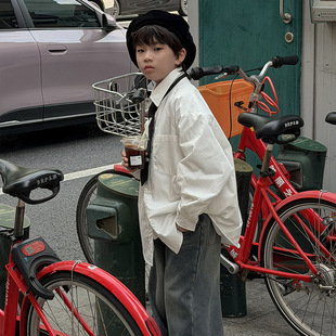 男童加绒衬衣秋冬款2025新款冬装儿童洋气领带衬衫韩版宽松上衣潮