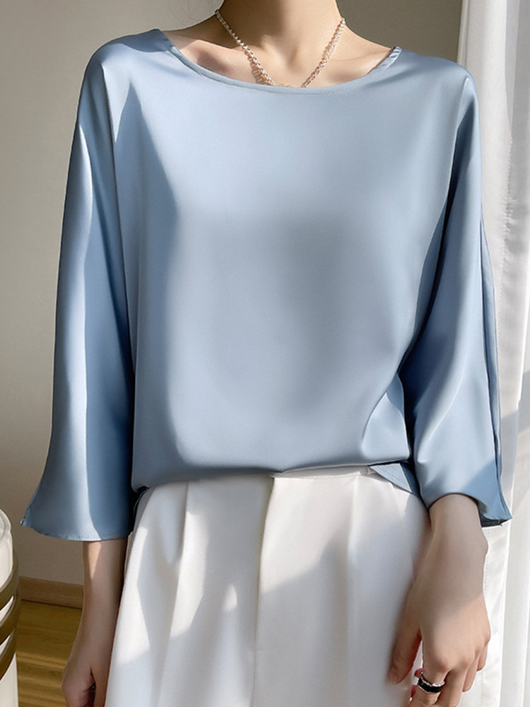 여성용 캐주얼 루즈 라운드 넥 반팔 탑 실크 새틴 얇은 드레이프 틈새 디자인 7부 소매 바닥 셔츠