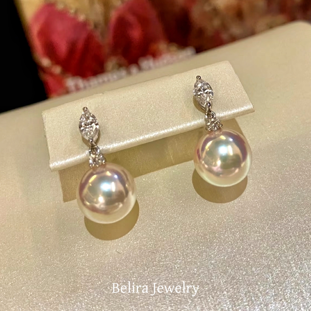 日本海水akoya珍珠耳钉18K白金钻石马眼款耳坠正圆强光设计款耳饰