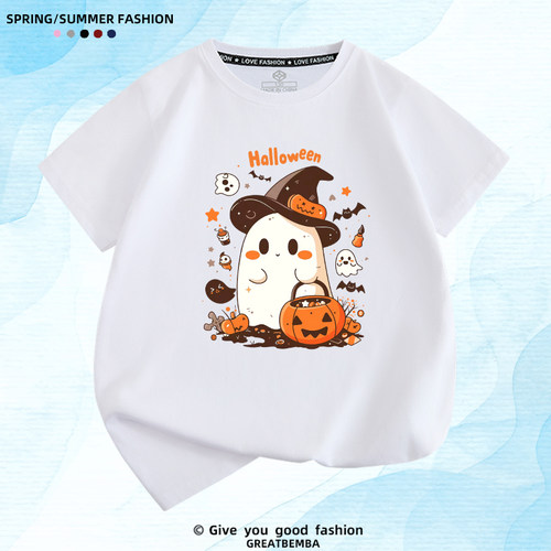 新款万圣节T恤男童女童半袖卡通南瓜幽灵Halloween儿童短袖男女