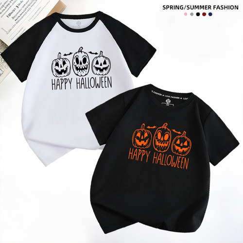 Halloween万圣节T恤男女儿童装卡通南瓜笑脸幽灵短袖万圣节亲子装