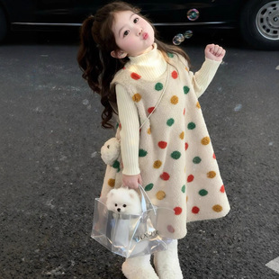 甜美女童彩色波点羊羔毛背心裙可爱保暖连衣裙小童冬裙套装秋冬