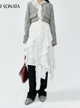 Cello Sonata秋冬新款 蕾丝拼接荷叶边半裙设计感半身白色裙子