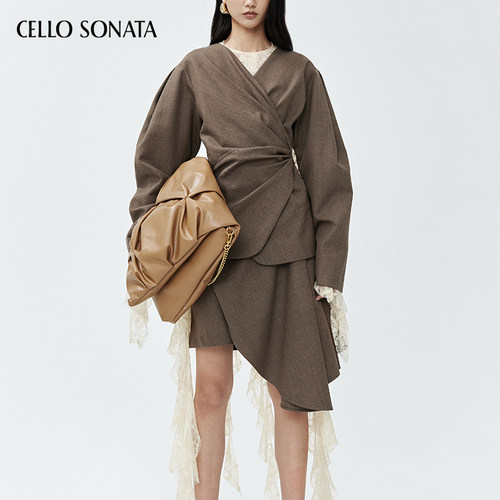 Cello Sonata秋冬新款 设计感羊毛立体褶皱围裹式收腰宽松袖西装