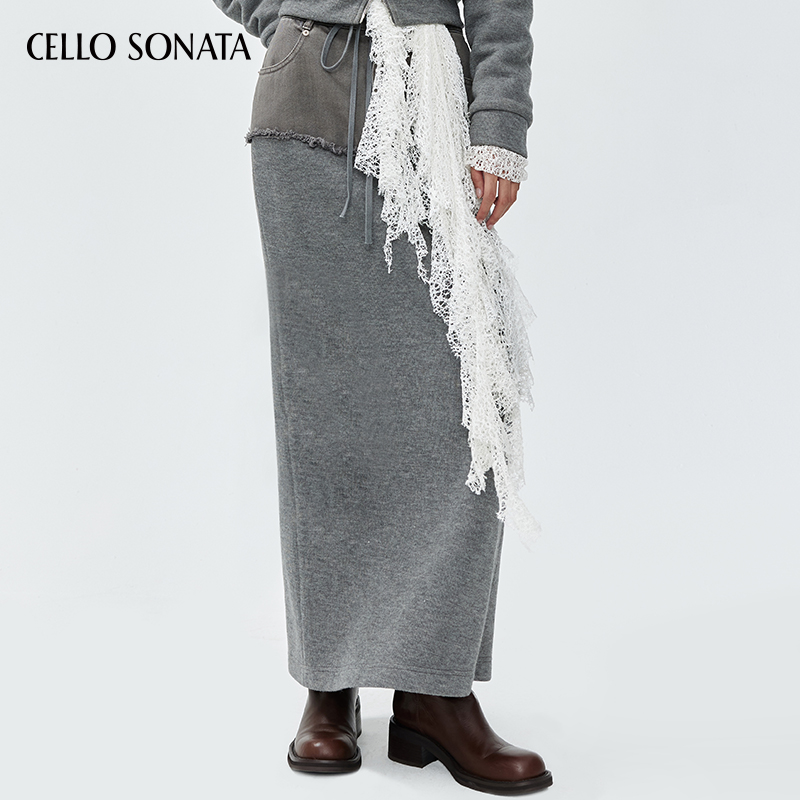 Cello Sonata秋冬新款 灰色牛仔拼接直筒混纺羊毛长款牛仔半身裙