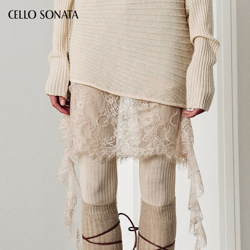 【新款】Cello Sonata 26秋 法式浅杏色短裙不规则荷叶边蕾丝半裙