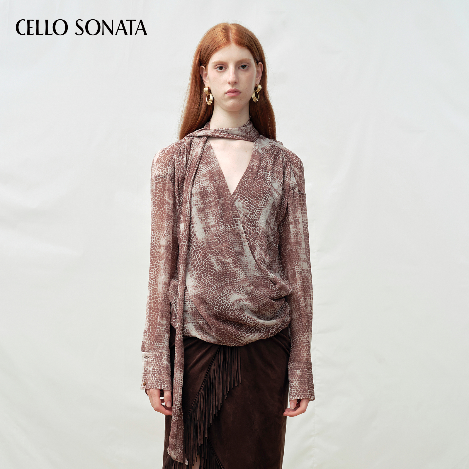 【新款】Cello Sonata 25秋 豹纹铜氨丝蛇纹飘带交叉长袖上衣T恤