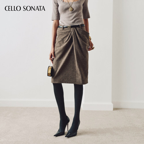 【新款】Cello Sonata 26秋冬新款 不规则低腰立体褶羊毛半身裙