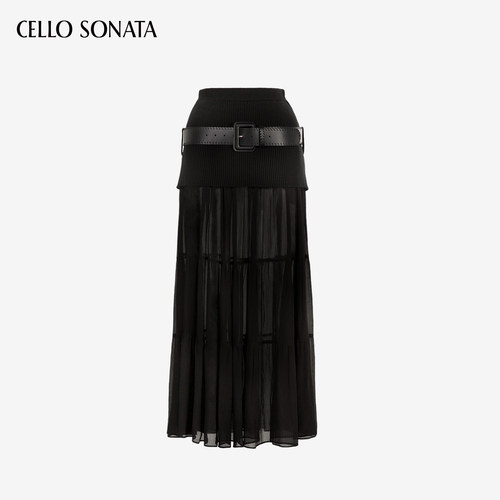 Cello Sonata 春夏 人丝网纱黑色长裙针织拼接通勤女士褶皱半身裙