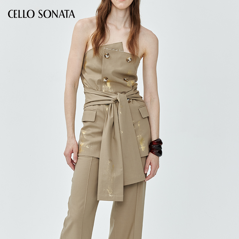 Cello Sonata秋冬新款 设计感时尚羊毛烫金扭结毛边上衣西装抹胸