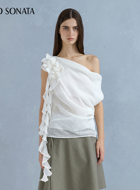 Cello Sonata25春夏新款女 斜肩露肩亚麻荷叶边无袖白色背心上衣