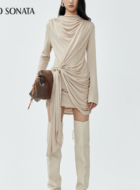 Cello Sonata25秋 新款设计感天丝羊毛金珠不对称针织连衣裙