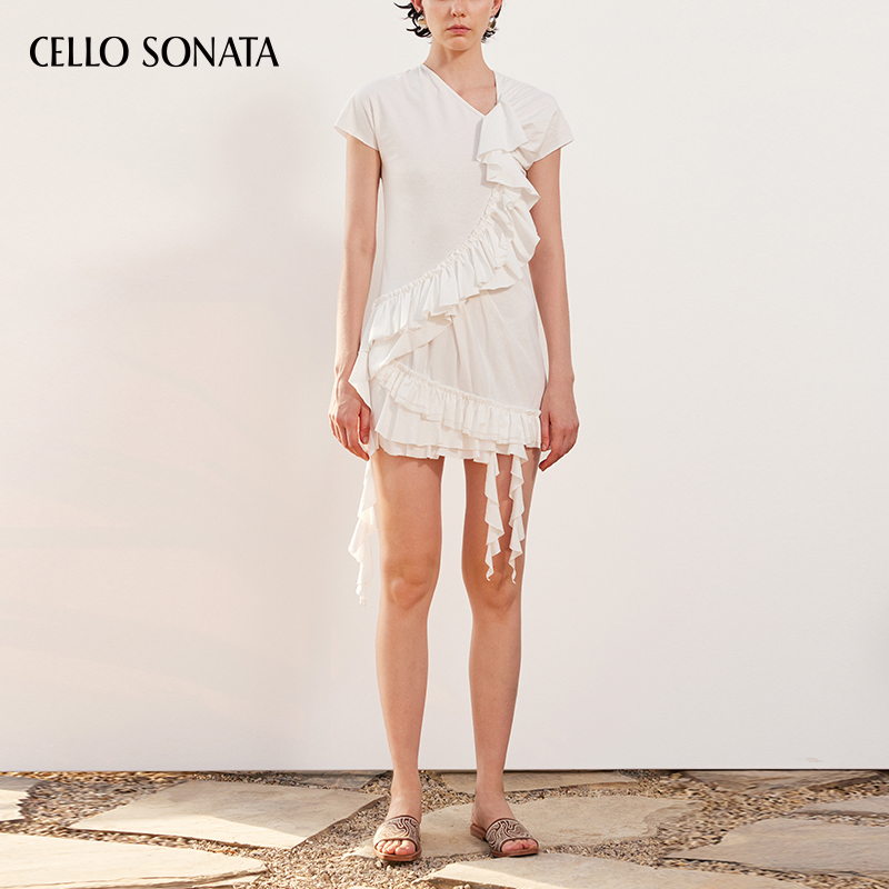 Cello Sonata 春夏新品 白色不规则荷叶边连衣裙