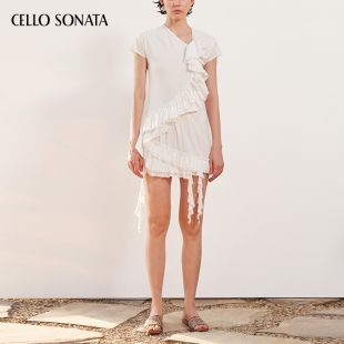 白色不规则荷叶边连衣裙 春夏新品 Cello Sonata