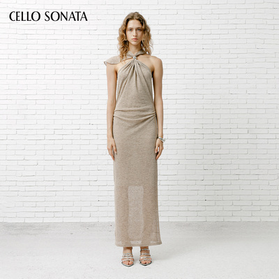 亚麻网纱针织不规则斗篷连衣裙